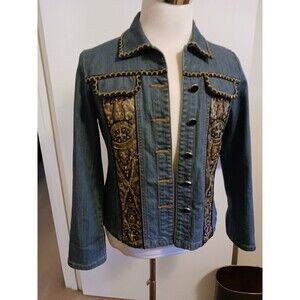 Just B Women's Beaded Embellished Denim Blue Jean Jacket Size Medium*